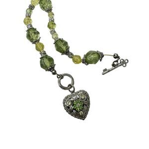Silver Tone Heart Locket Bracelet Green Rhinestone & Crystal Beaded